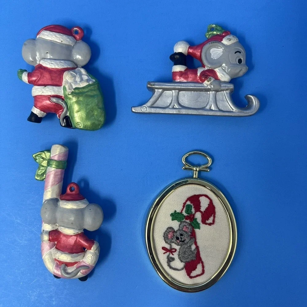 Vintage Christmas Mouse Mice Ceramic Ornaments Hand Painted Lot of 4 Collectible